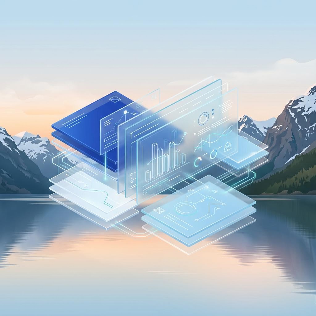 Layered glass control panels over a Norwegian fjord